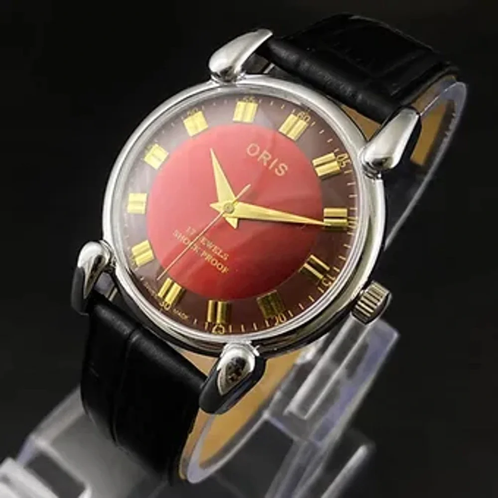 Vintage 1975 Oris Manual Mens Silver Watch W/Leather Strap & Red accents